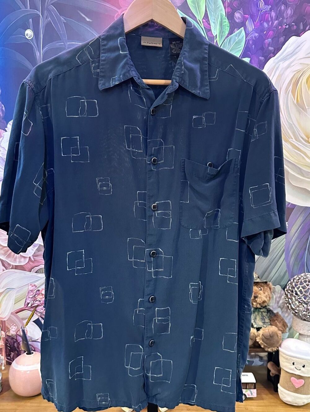 AXIST M 100% Silk Button Up Shirt Y2K Retro Abstract Geometric Navy Blue